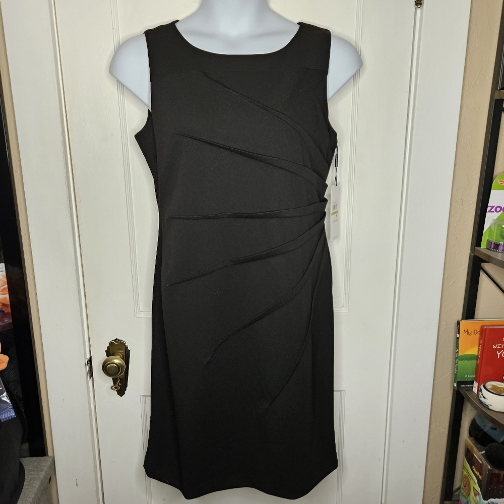 NWT Calvin Klein Sheath Dress With Pleat Detail In Black - Size 14